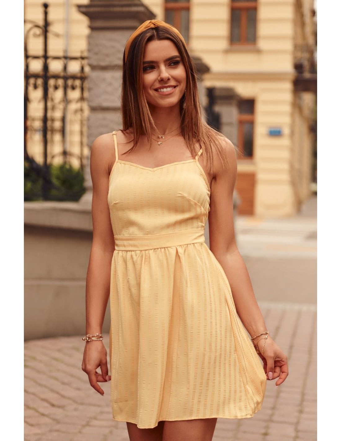 Striped dress tied at the back, yellow PR3202 - Online store - Boutique